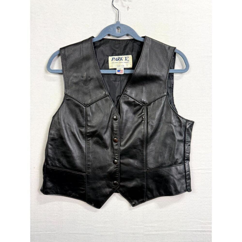 Vtg Park V Leather Biker Vest Womens 16 Black Motorcycle Classic Button Front